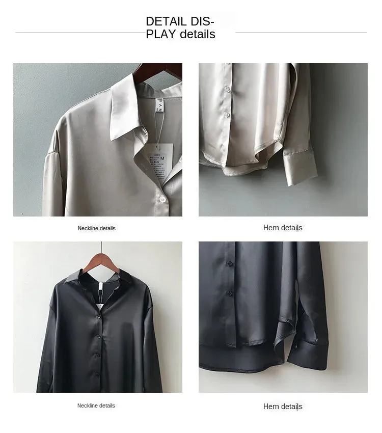 Obsidian Phoenix Vintage Silk Shirt - Button-Up Satin Blouse, Elegant Long Sleeve Office Top for Women