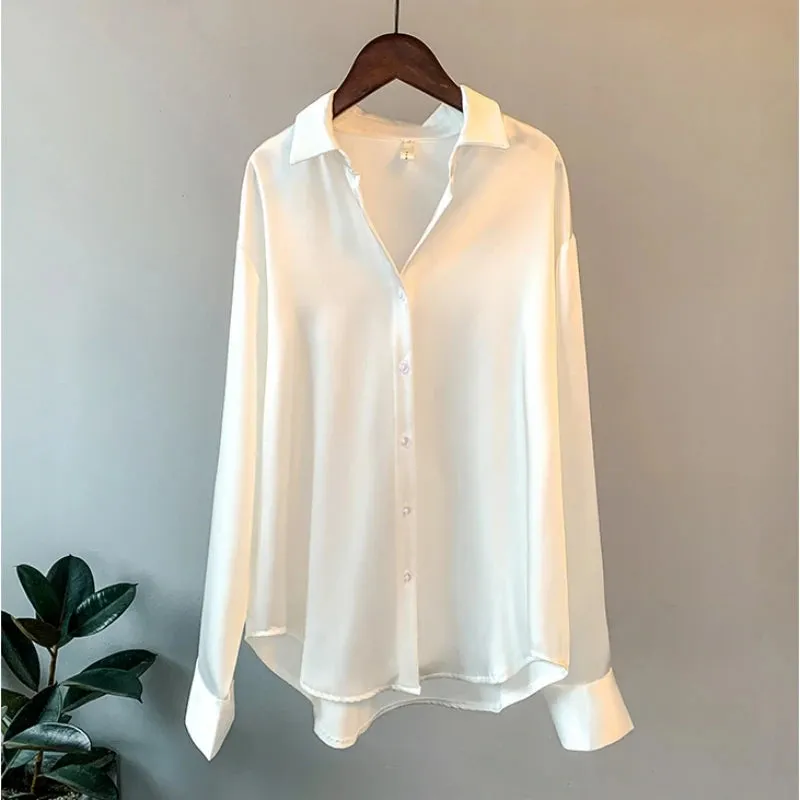 Obsidian Phoenix Vintage Silk Shirt - Button-Up Satin Blouse, Elegant Long Sleeve Office Top for Women