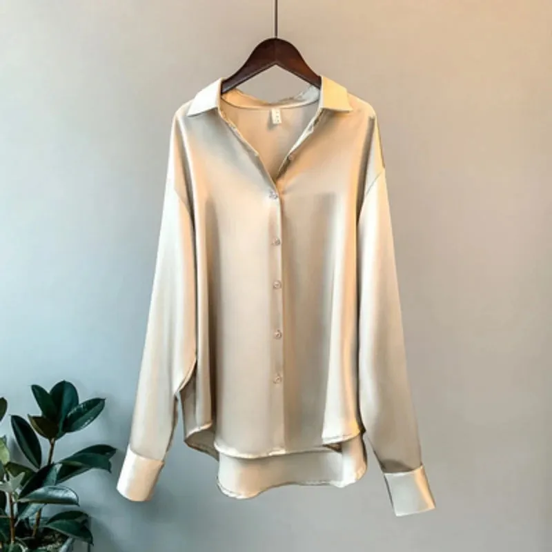Obsidian Phoenix Vintage Silk Shirt - Button-Up Satin Blouse, Elegant Long Sleeve Office Top for Women