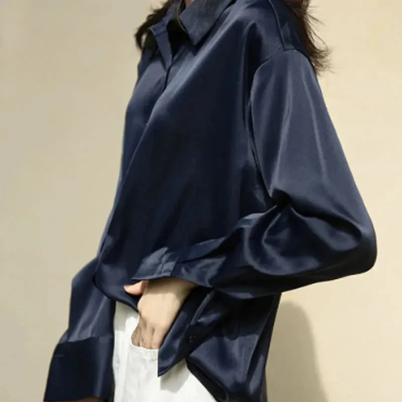 Obsidian Phoenix Vintage Silk Shirt - Button-Up Satin Blouse, Elegant Long Sleeve Office Top for Women