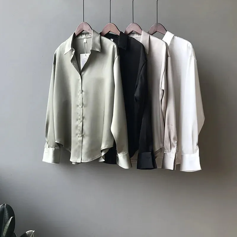 Obsidian Phoenix Vintage Silk Shirt - Button-Up Satin Blouse, Elegant Long Sleeve Office Top for Women