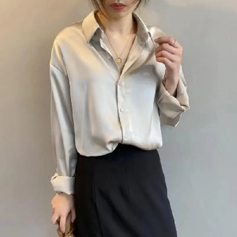 Obsidian Phoenix Vintage Silk Shirt - Button-Up Satin Blouse, Elegant Long Sleeve Office Top for Women