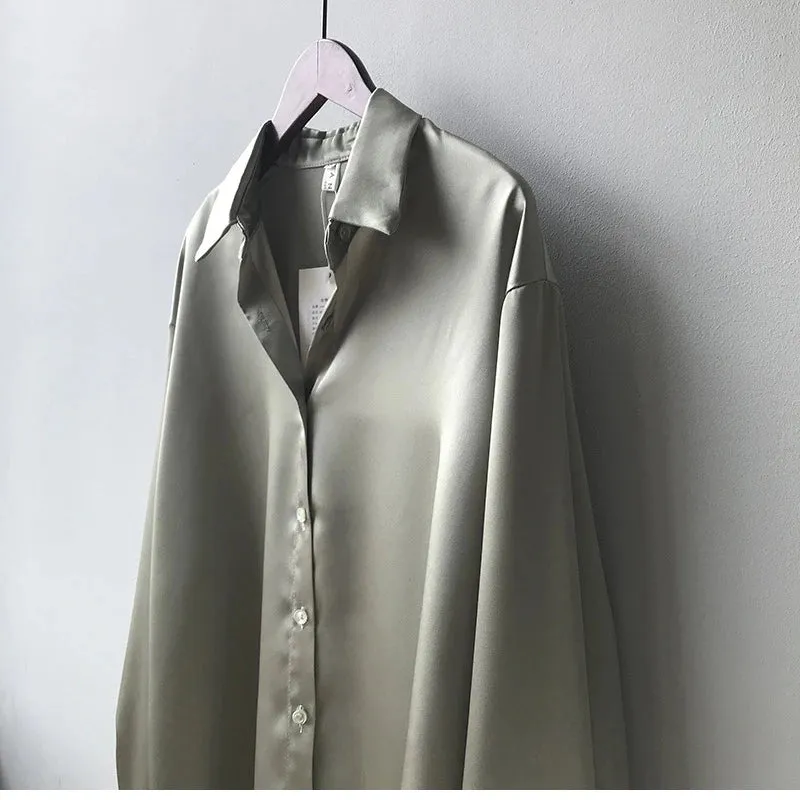 Obsidian Phoenix Vintage Silk Shirt - Button-Up Satin Blouse, Elegant Long Sleeve Office Top for Women