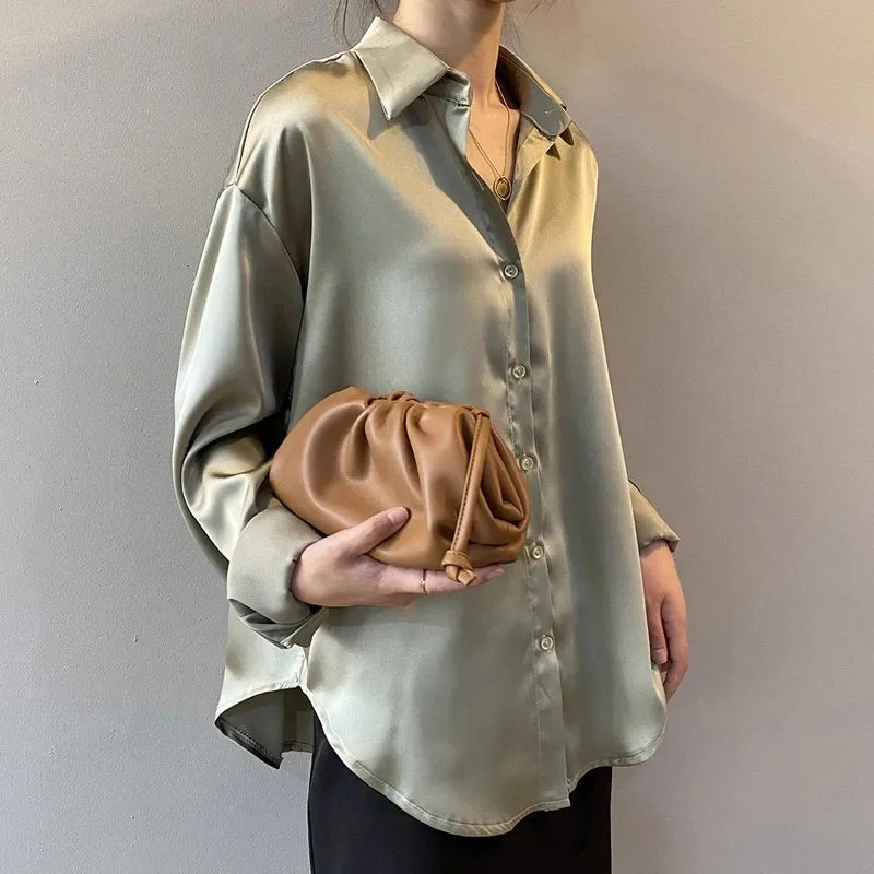 Obsidian Phoenix Vintage Silk Shirt - Button-Up Satin Blouse, Elegant Long Sleeve Office Top for Women