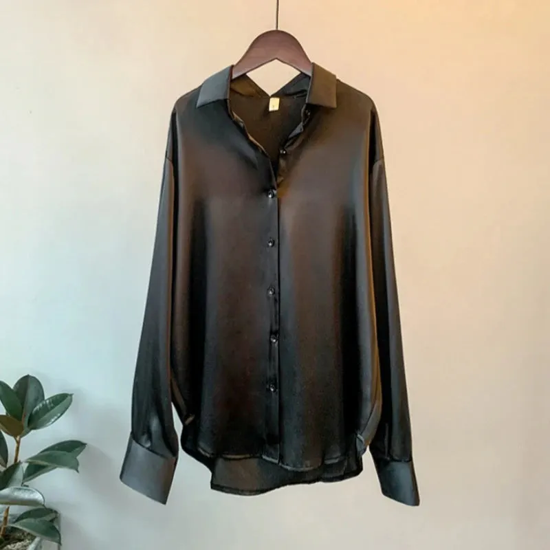 Obsidian Phoenix Vintage Silk Shirt - Button-Up Satin Blouse, Elegant Long Sleeve Office Top for Women