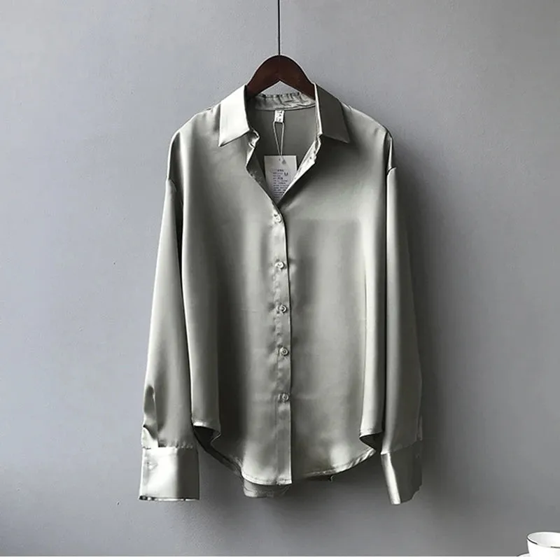 Obsidian Phoenix Vintage Silk Shirt - Button-Up Satin Blouse, Elegant Long Sleeve Office Top for Women