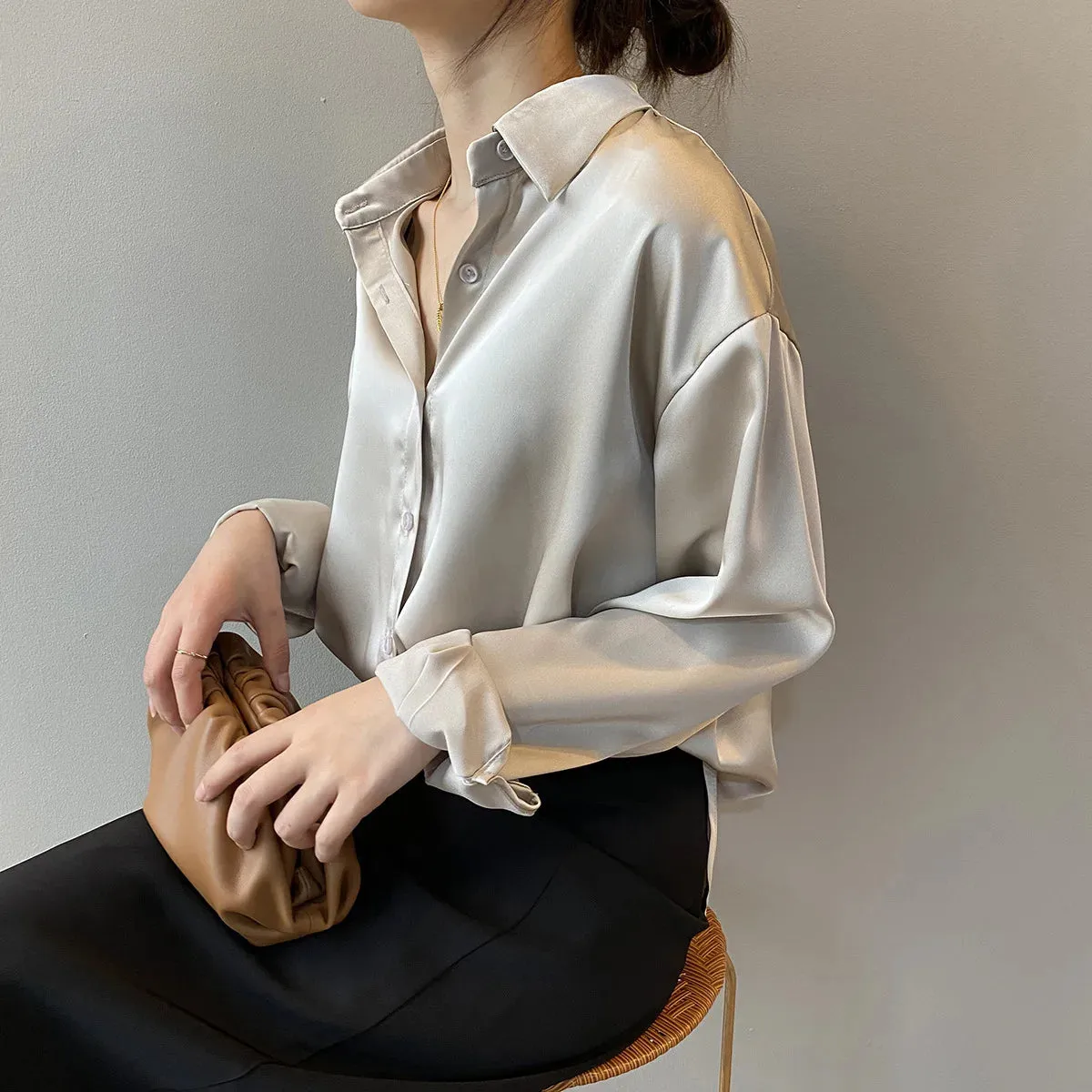 Obsidian Phoenix Vintage Silk Shirt - Button-Up Satin Blouse, Elegant Long Sleeve Office Top for Women