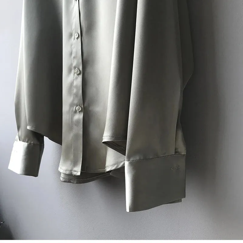 Obsidian Phoenix Vintage Silk Shirt - Button-Up Satin Blouse, Elegant Long Sleeve Office Top for Women