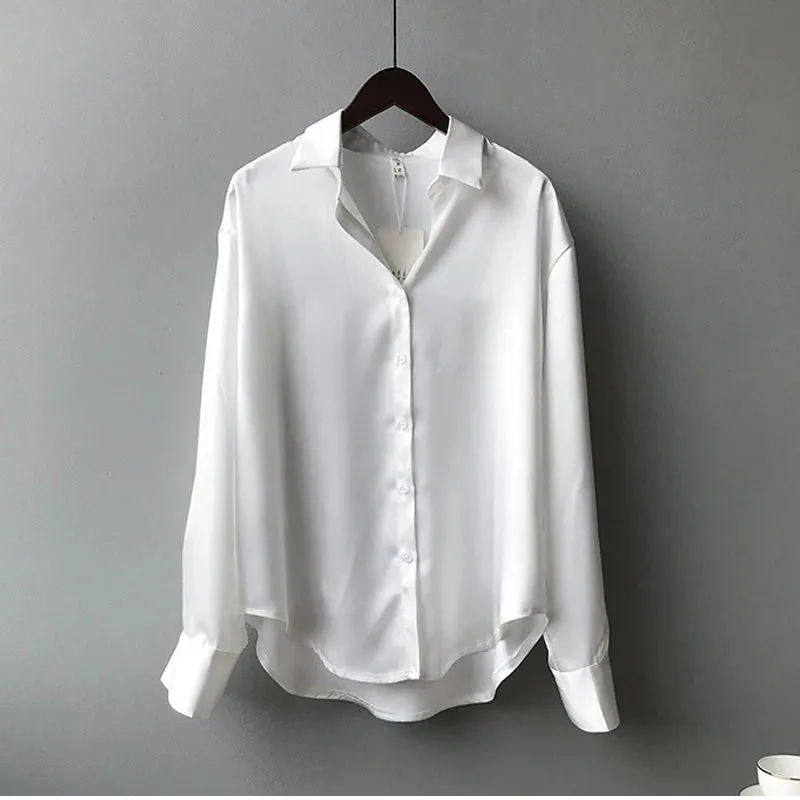 Obsidian Phoenix Vintage Silk Shirt - Button-Up Satin Blouse, Elegant Long Sleeve Office Top for Women