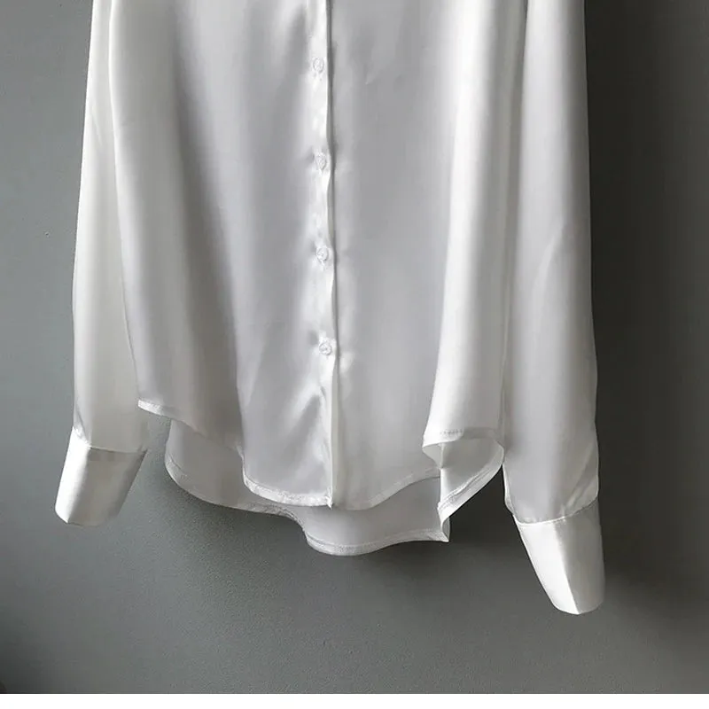 Obsidian Phoenix Vintage Silk Shirt - Button-Up Satin Blouse, Elegant Long Sleeve Office Top for Women