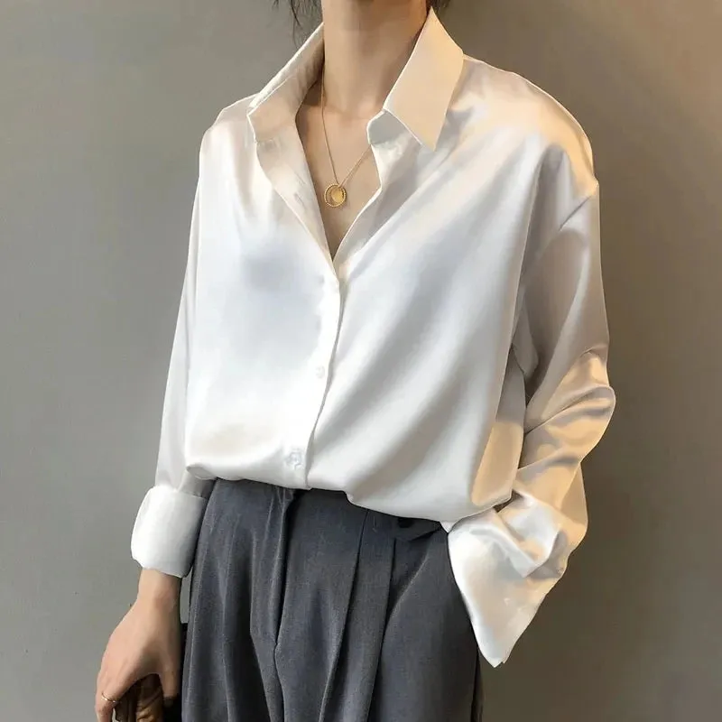 Obsidian Phoenix Vintage Silk Shirt - Button-Up Satin Blouse, Elegant Long Sleeve Office Top for Women