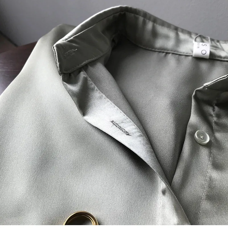 Obsidian Phoenix Vintage Silk Shirt - Button-Up Satin Blouse, Elegant Long Sleeve Office Top for Women