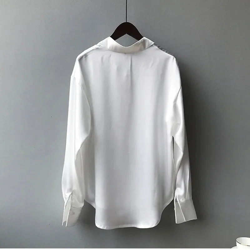 Obsidian Phoenix Vintage Silk Shirt - Button-Up Satin Blouse, Elegant Long Sleeve Office Top for Women