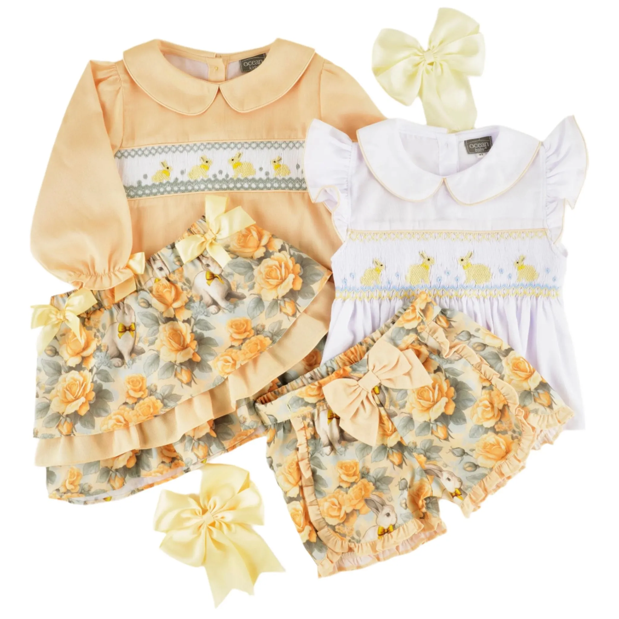 Ocean Baby Girls Vintage Bunny Lemon Rose Smocked Skirt Set (12M-10Y)