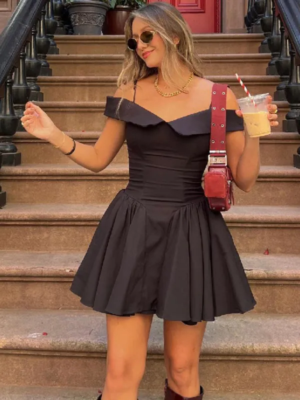 Off-Shoulder Mini Dress with Pleated Skirt and One-Shoulder Design