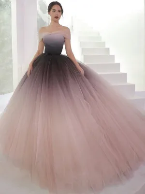 Off Shoulder Ombre Purple Pink Tulle Ball Gown Prom Dresses,PD00316