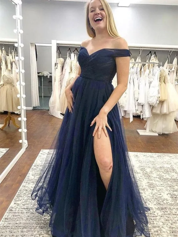 Off the Shoulder Blue Tulle Long Prom with Slit, Off Shoulder Blue Formal Graduation Evening