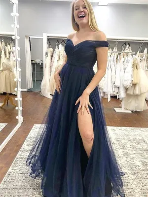 Off the Shoulder Blue Tulle Long Prom with Slit, Off Shoulder Blue Formal Graduation Evening