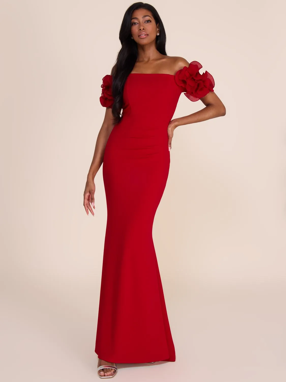 Off-The-Shoulder Gown With Chiffon Rosettes