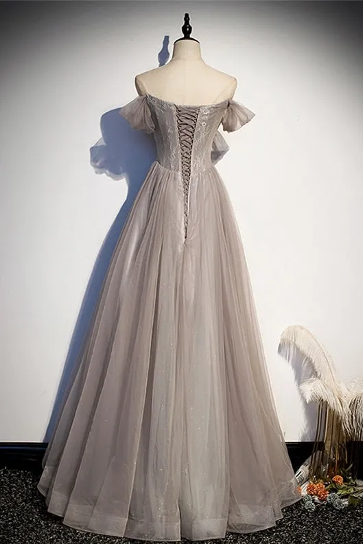 Off the Shoulder Grey Beaded Long Formal Gown
