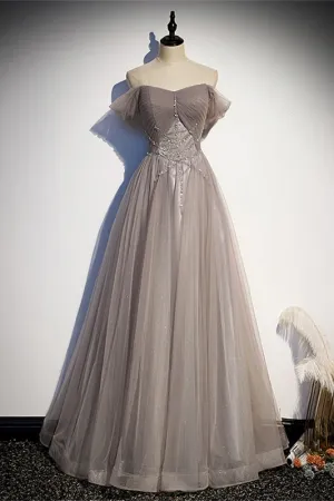 Off the Shoulder Grey Beaded Long Formal Gown