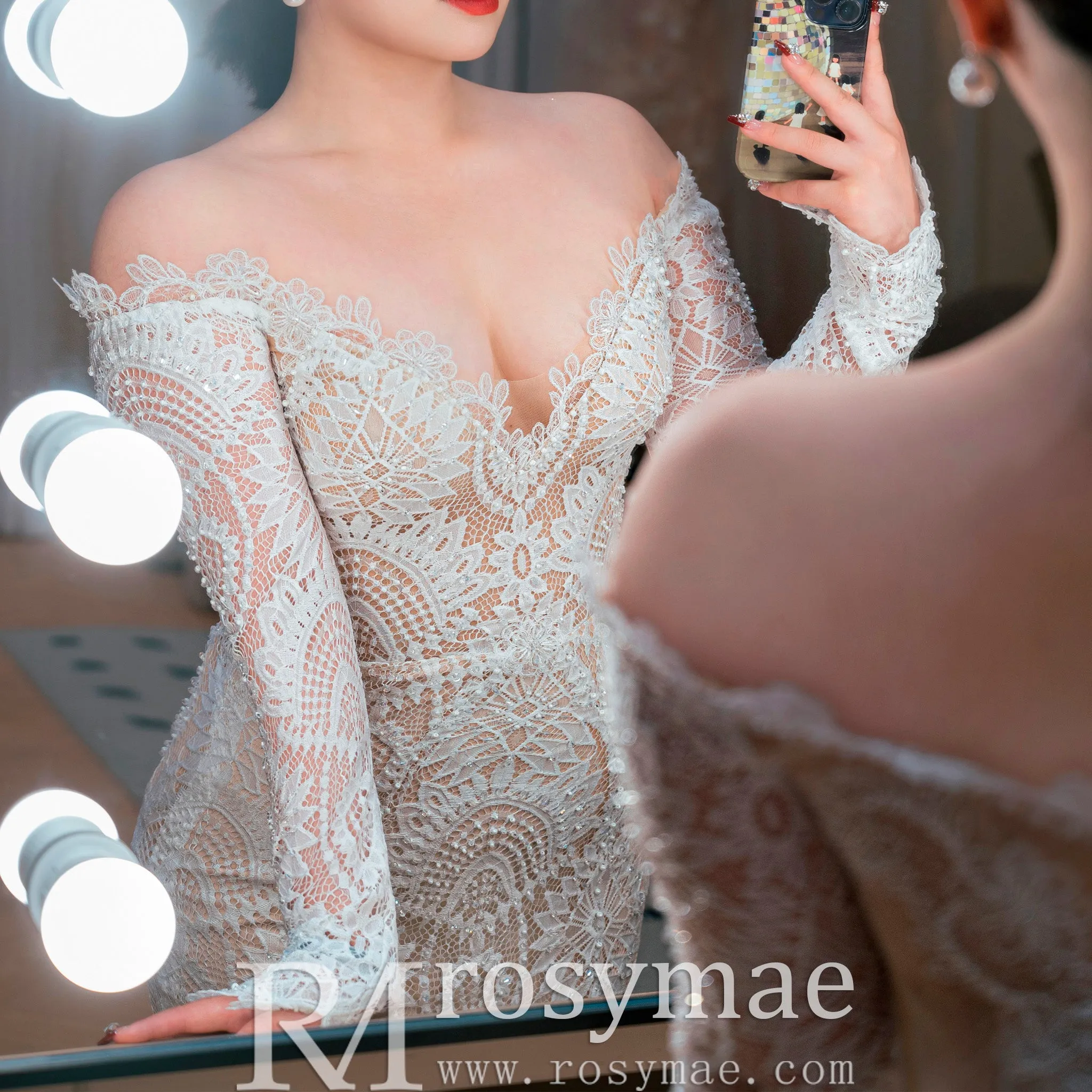Off the Shoulder Lace Mermaid Wedding Dress with Long Sleeve