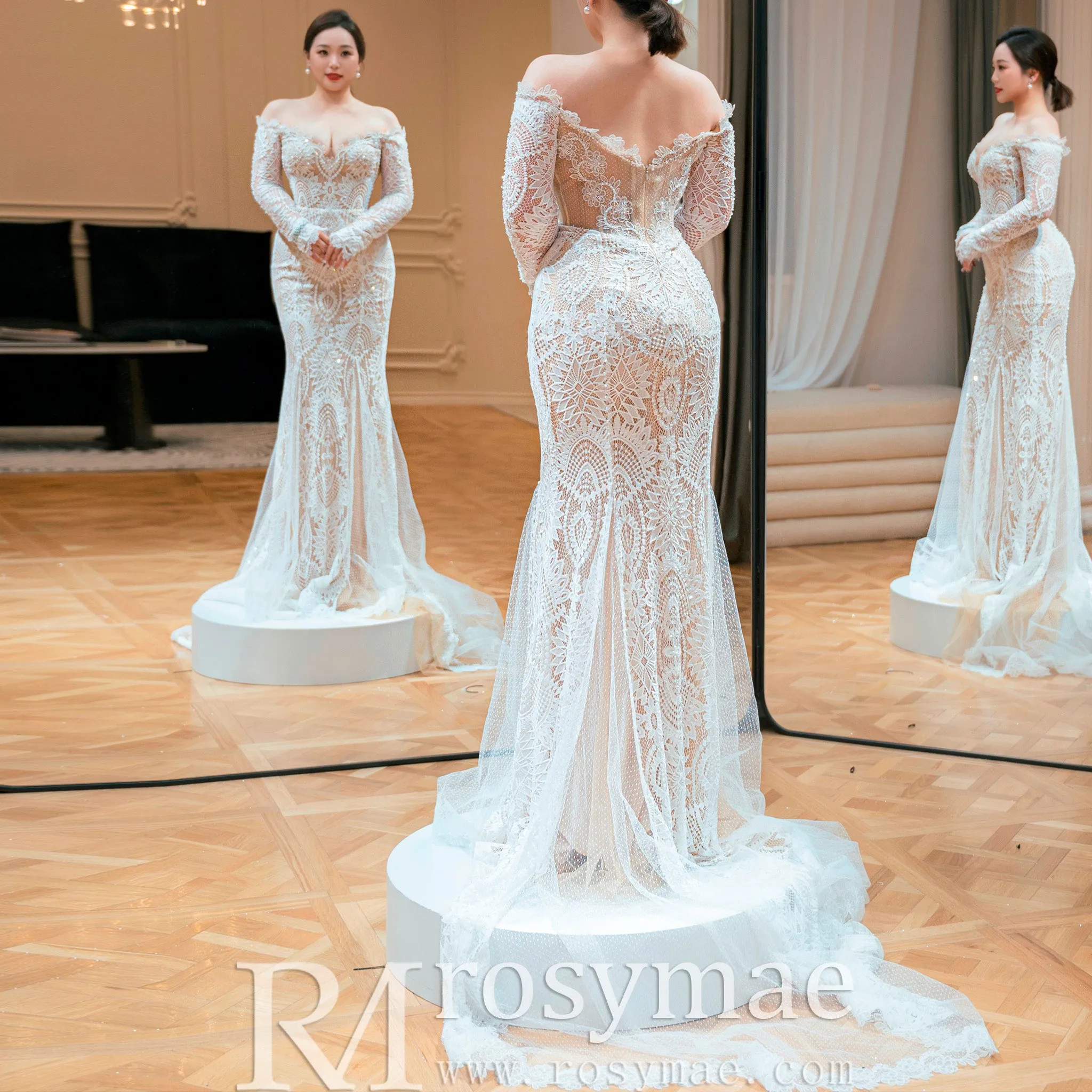 Off the Shoulder Lace Mermaid Wedding Dress with Long Sleeve