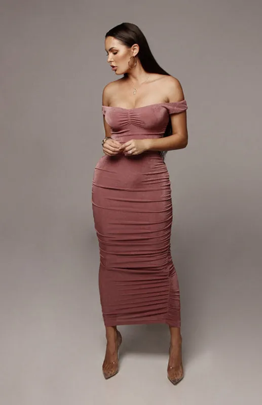 Off-the-shoulder Maxi Dress with Pleated Ruched Design