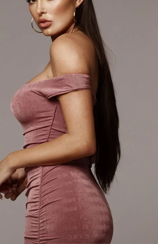 Off-the-shoulder Maxi Dress with Pleated Ruched Design