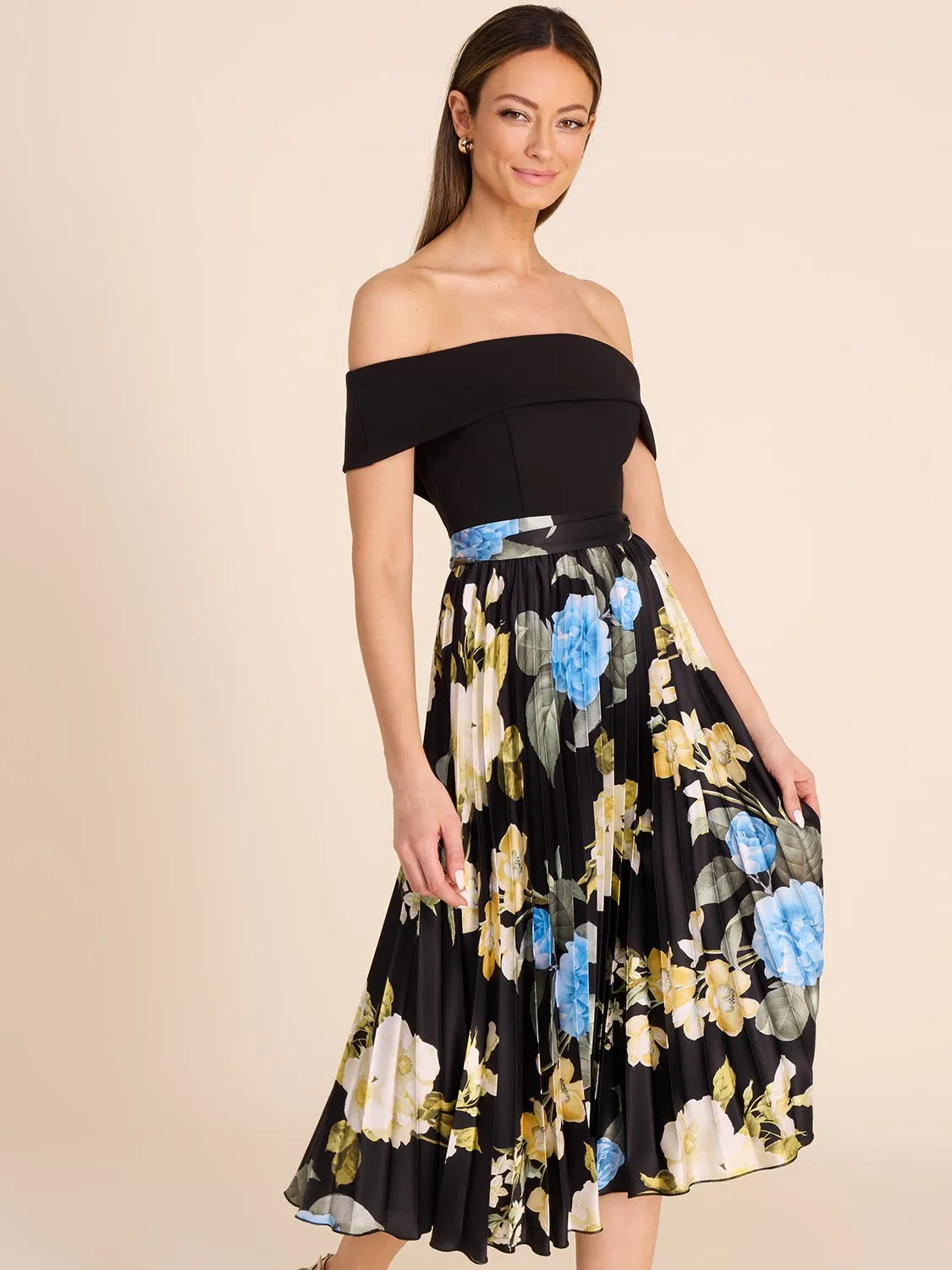 Off-The-Shoulder Midi Dress With Floral Skirt