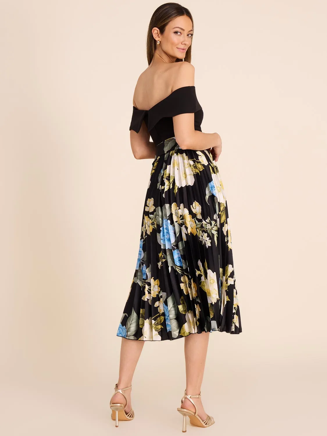 Off-The-Shoulder Midi Dress With Floral Skirt