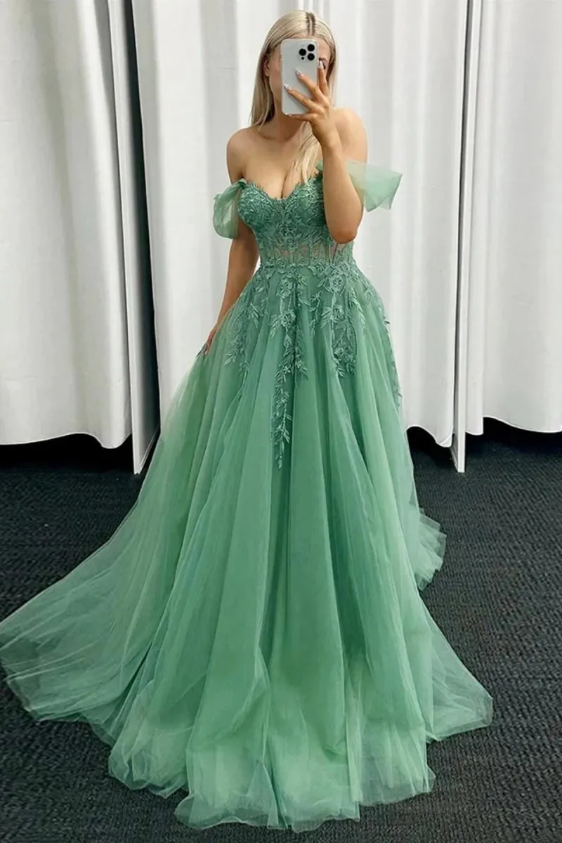Off the Shoulder Mint Tulle Lace Prom Dresses with Appliques