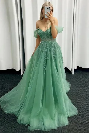Off the Shoulder Mint Tulle Lace Prom Dresses with Appliques