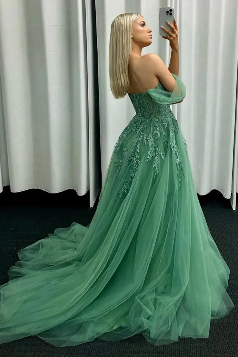 Off the Shoulder Mint Tulle Lace Prom Dresses with Appliques