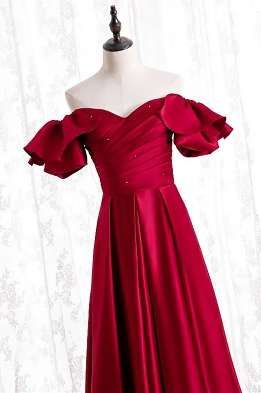 Off the Shoulder Red Satin Long Formal Gown
