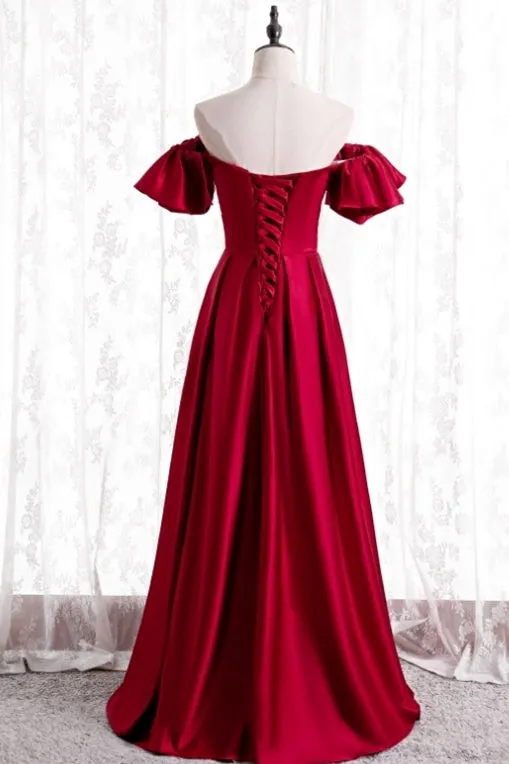 Off the Shoulder Red Satin Long Formal Gown