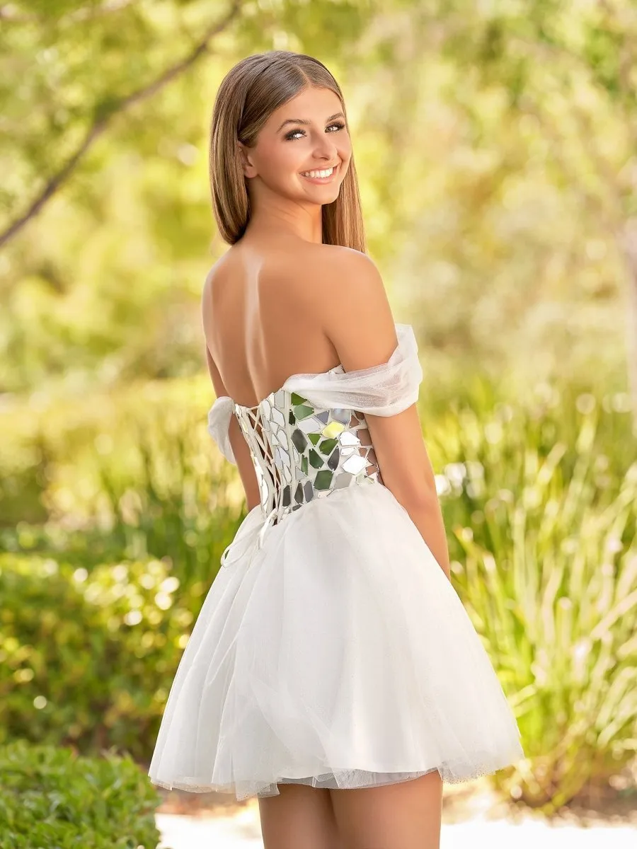 Off-the-Shoulder Short Party Dresses with Cut Glass Mirrors