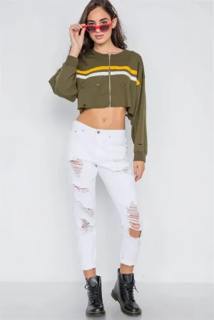 Olive Distressed Zip-Up Colorblock Cropped Sweater /1-2-2
