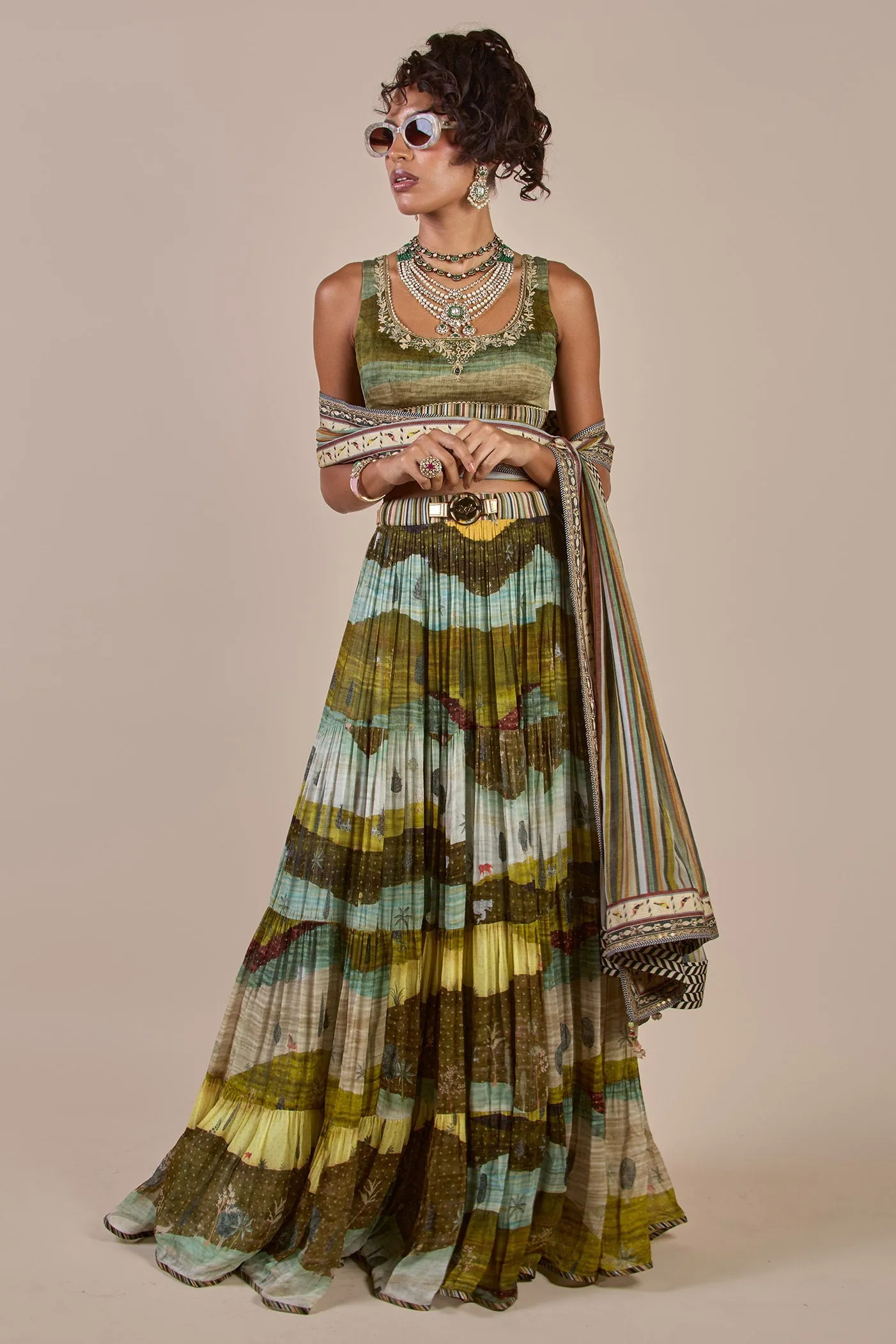 Olive Multi Hued Skirt Set