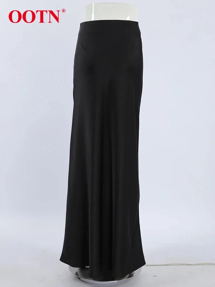 OOTN Elegant Satin Black Trumpet Skirts Fashion Street High Waist