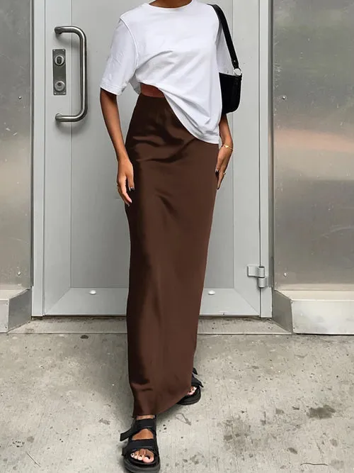 OOTN Elegant Satin Black Trumpet Skirts Fashion Street High Waist
