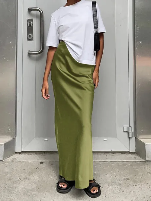 OOTN Elegant Satin Black Trumpet Skirts Fashion Street High Waist