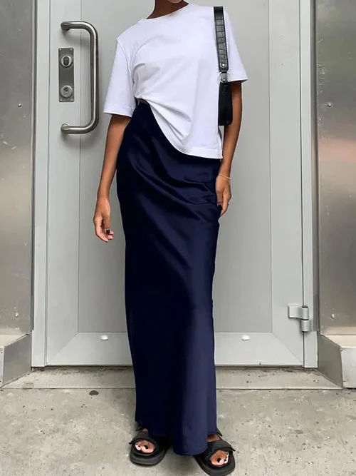 OOTN Elegant Satin Black Trumpet Skirts Fashion Street High Waist