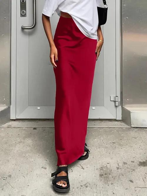 OOTN Elegant Satin Black Trumpet Skirts Fashion Street High Waist