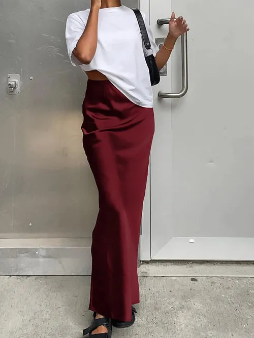 OOTN Elegant Satin Black Trumpet Skirts Fashion Street High Waist