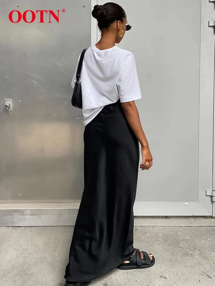 OOTN Elegant Satin Black Trumpet Skirts Fashion Street High Waist