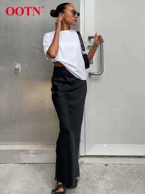 OOTN Elegant Satin Black Trumpet Skirts Fashion Street High Waist