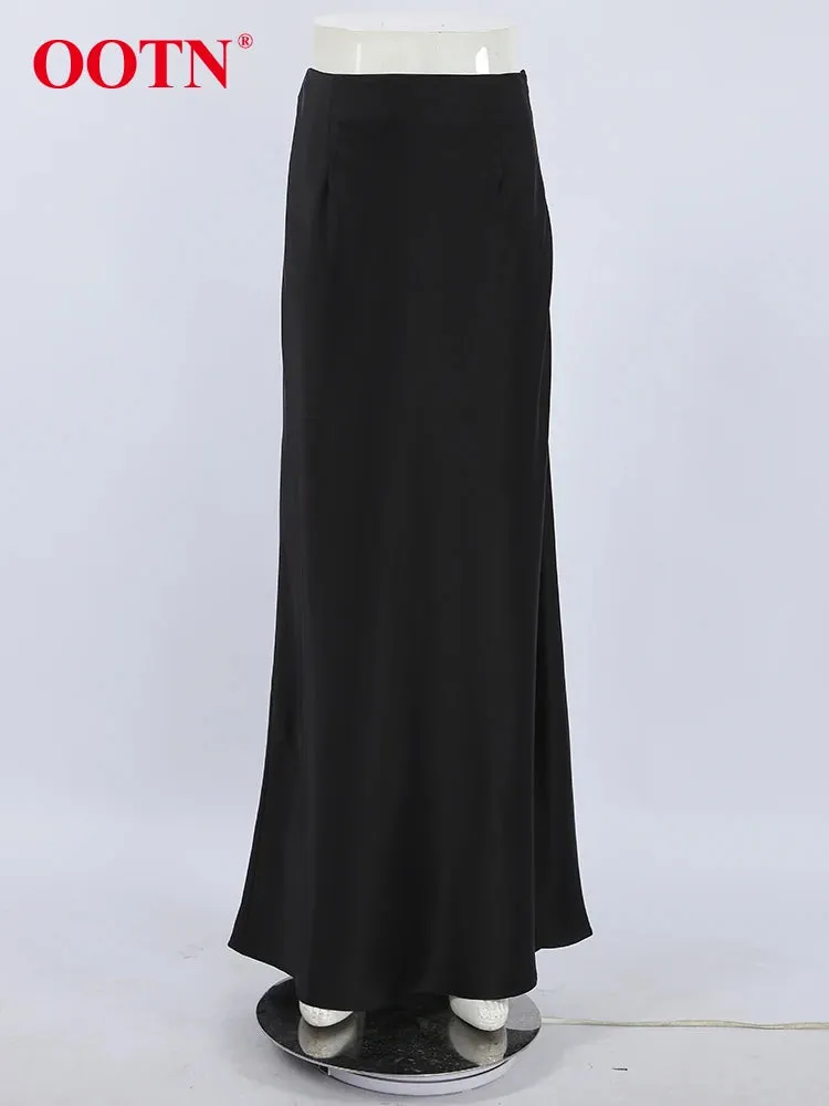 OOTN Elegant Satin Black Trumpet Skirts Fashion Street High Waist
