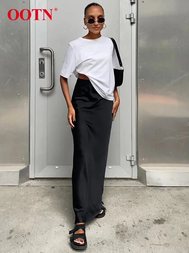 OOTN Elegant Satin Black Trumpet Skirts Fashion Street High Waist