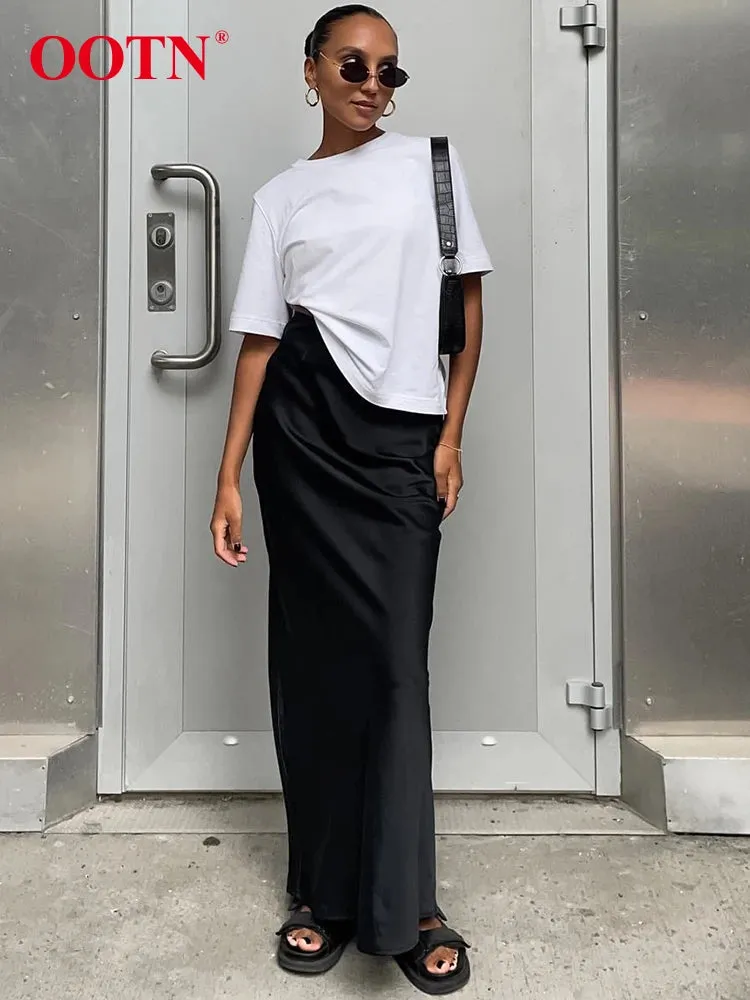 OOTN Elegant Satin Black Trumpet Skirts Fashion Street High Waist
